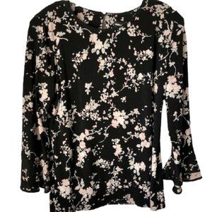 Karl Lagerfeld Paris Blossom Double Bell Sleeve Top - Black/Pink - 8